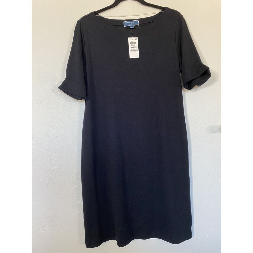 NWT Karen Scott Sport Black Cotton Boat Neck T-Shirt Dress Cuffed Sleeve Small